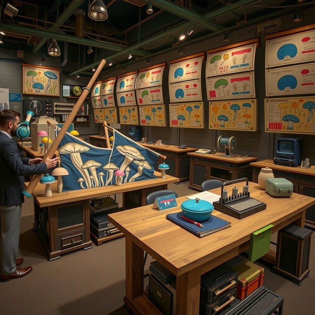 Surreal Businessman Among Whimsical Mushroom Flags in Indust...