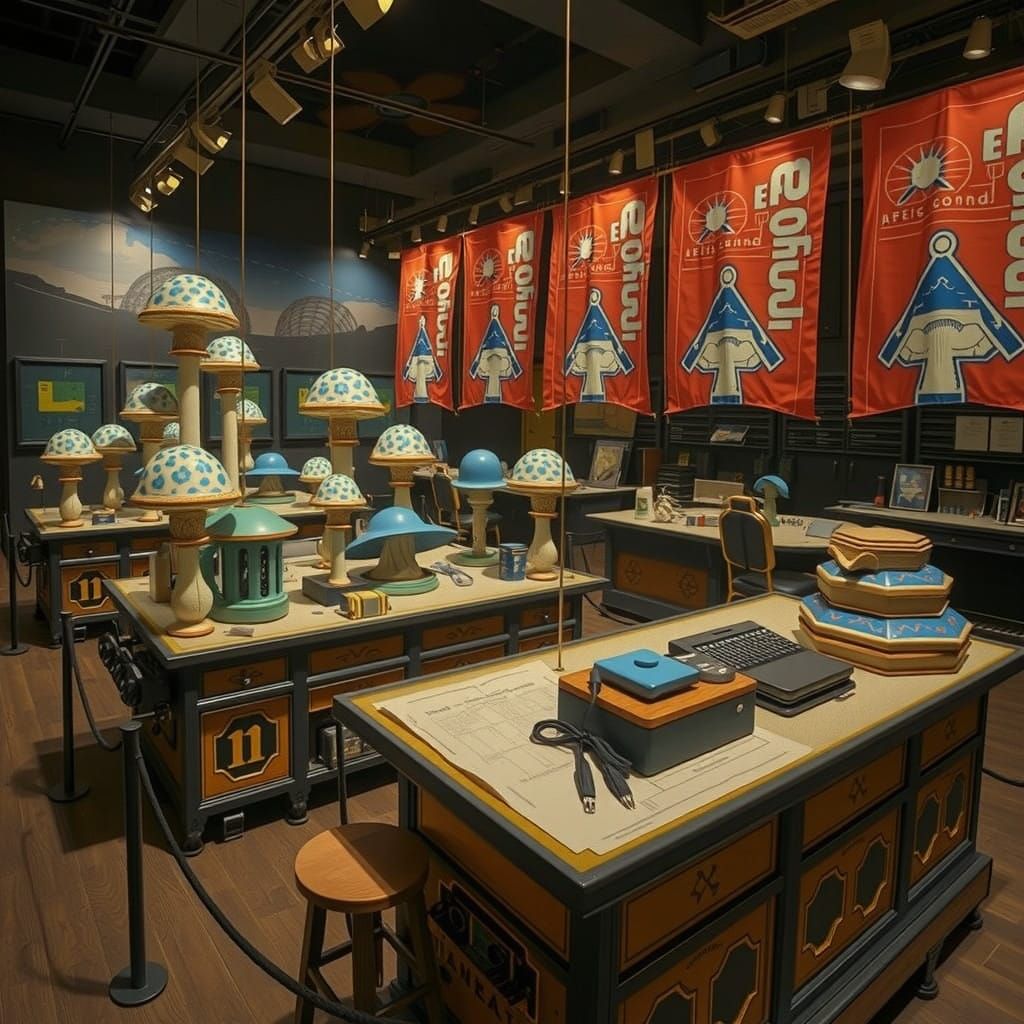 Whimsical Kingdom of Gigantic Linocut Mushrooms in Futuristi...