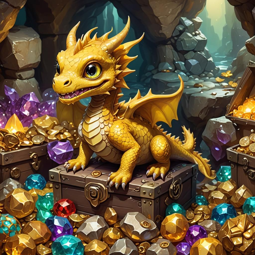 Cute Dragon on Treasure Pile in Mystical Cave
