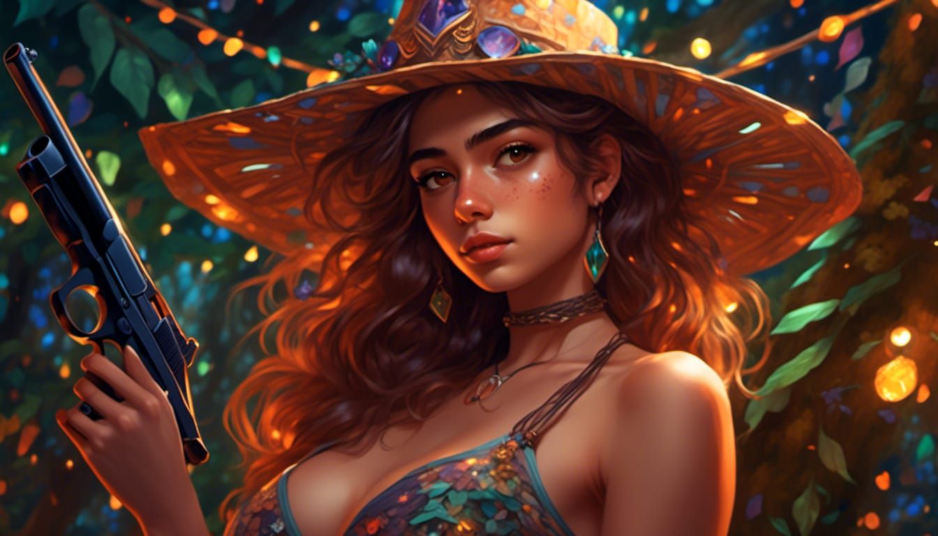 Petite Latina Holding Gun, Fantasy Theme