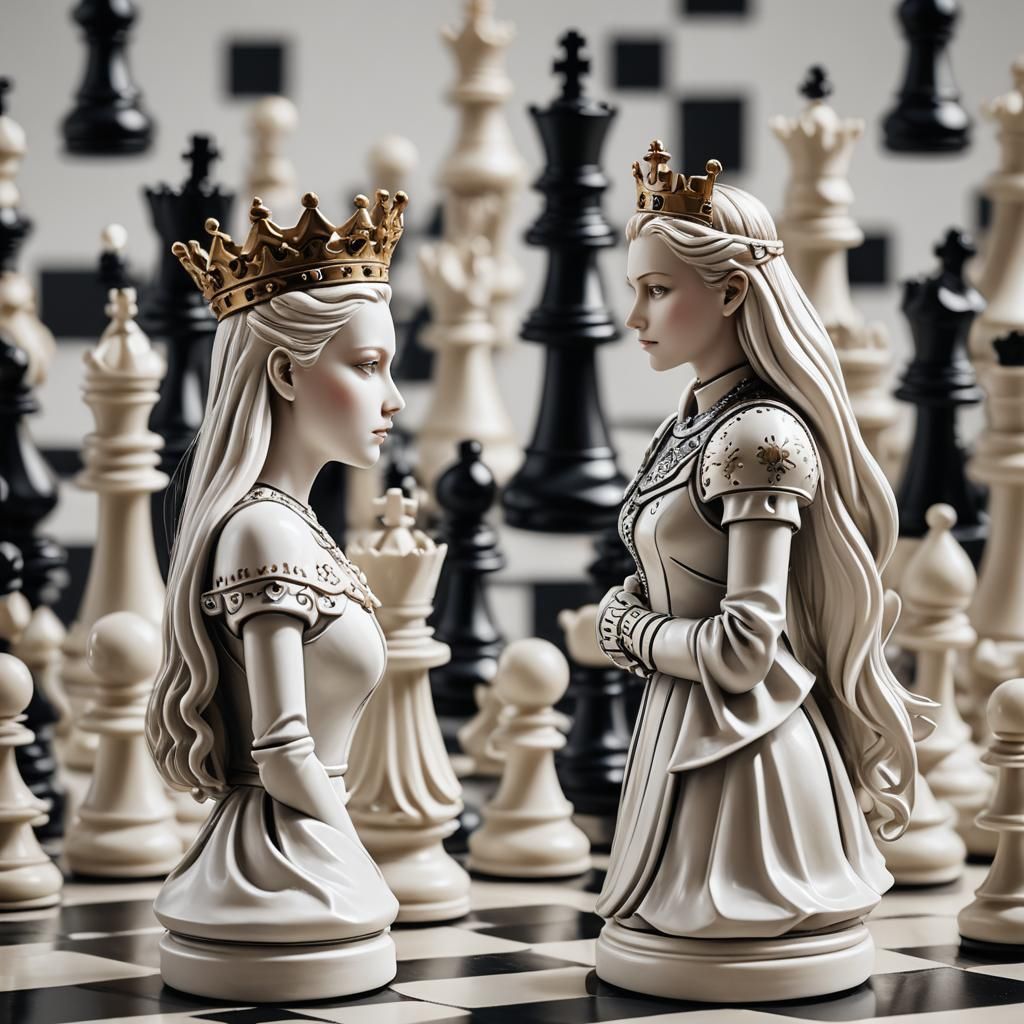 Anime Style Chess Pieces on Hyperrealistic Board