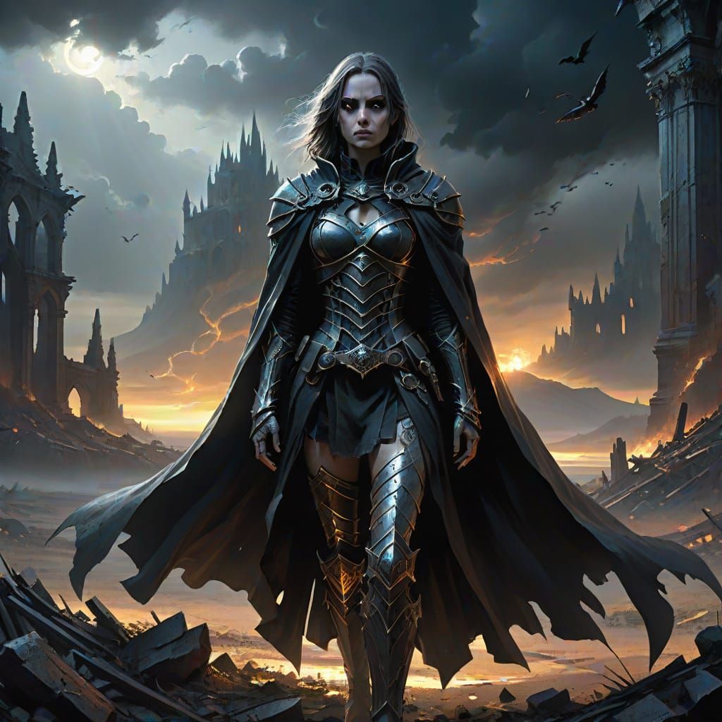 Dark Fantasy Mistress in Ruined Apocalypse Landscape