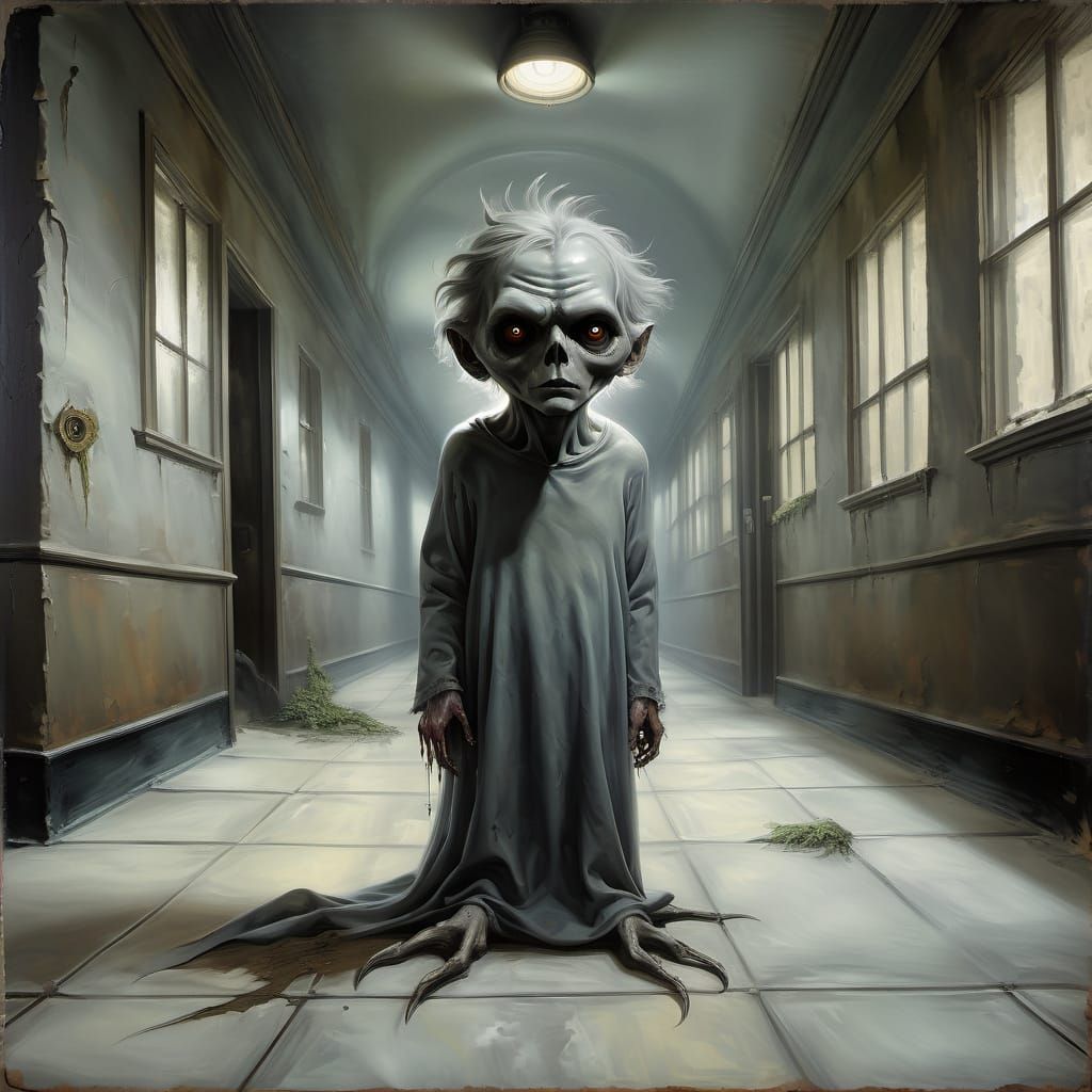 Liminal Horror: Grey Creature Haunting Abandoned Asylum