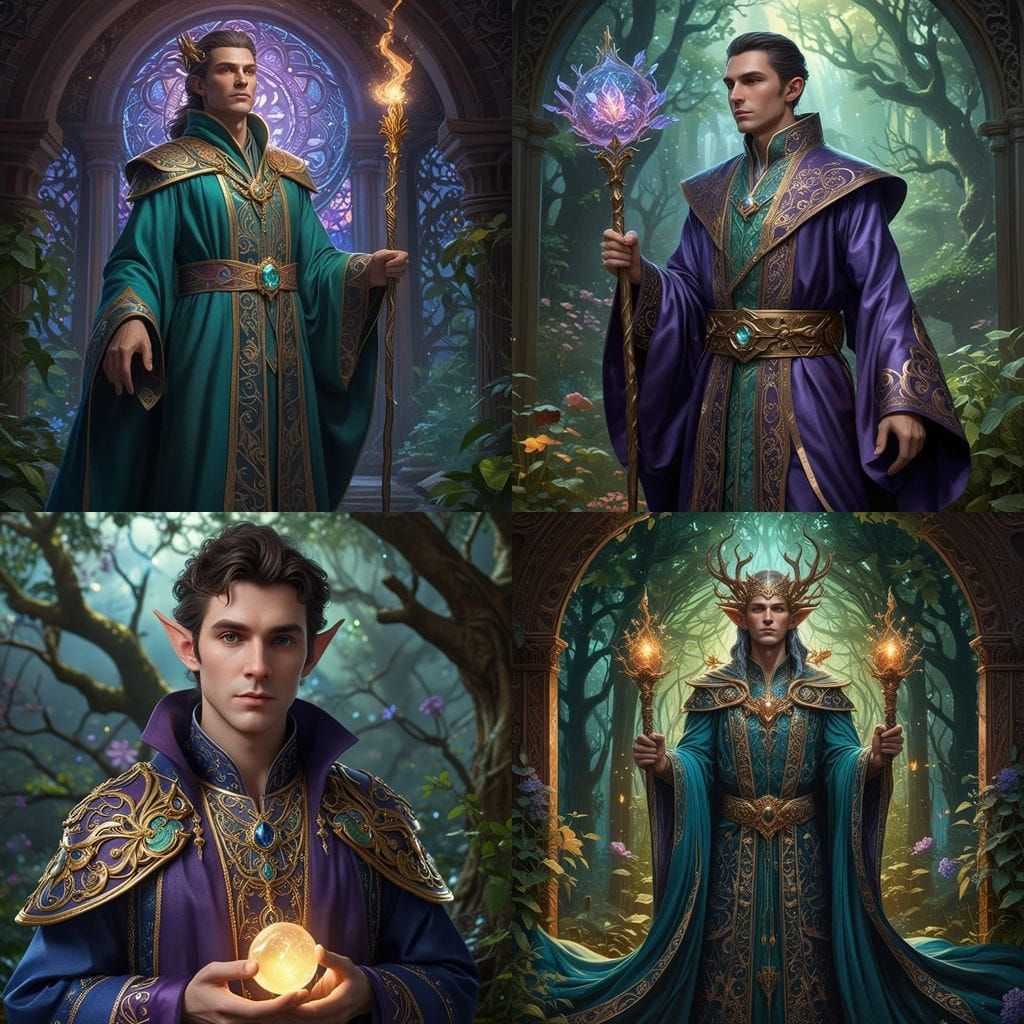 Ethereal Elf Archmage in Jewel Toned Robes Before Mystical G...