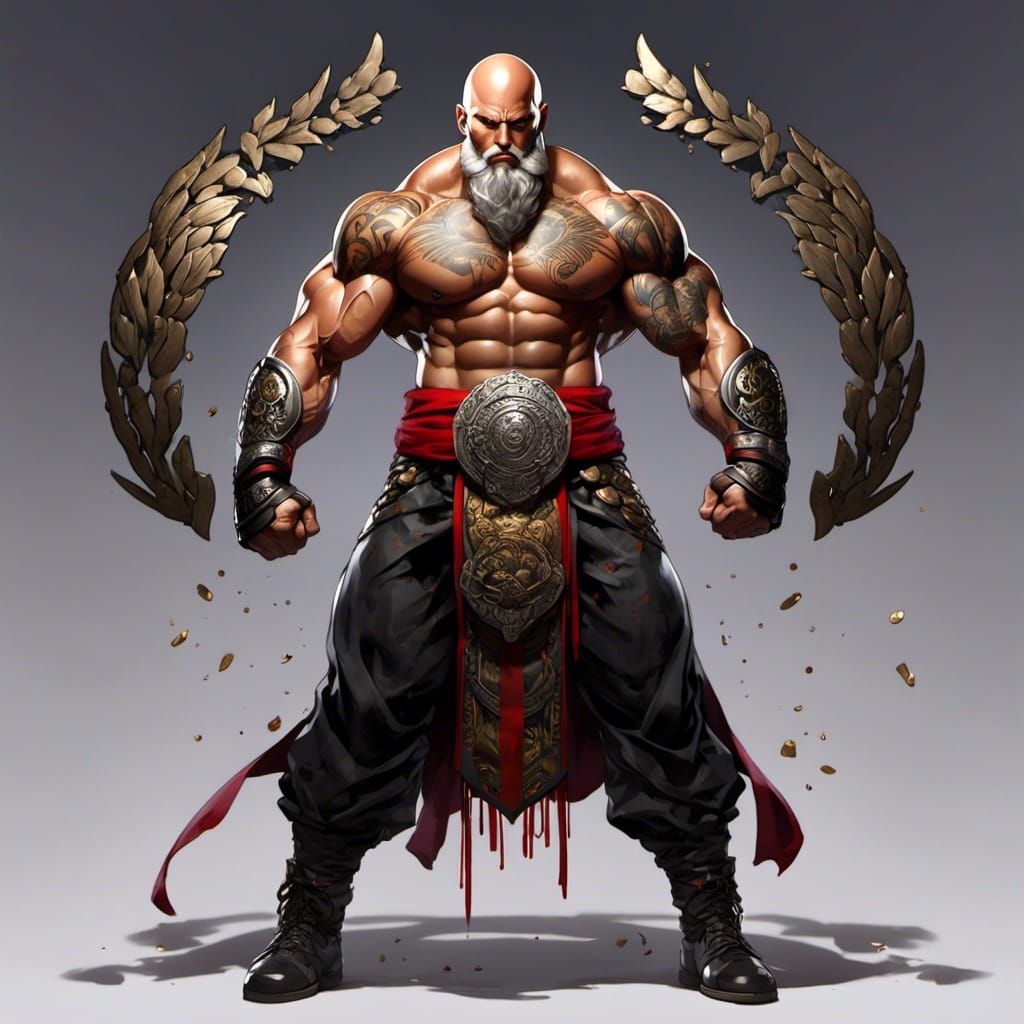 Anime Fighter with Tattoos Holding Championship Belt