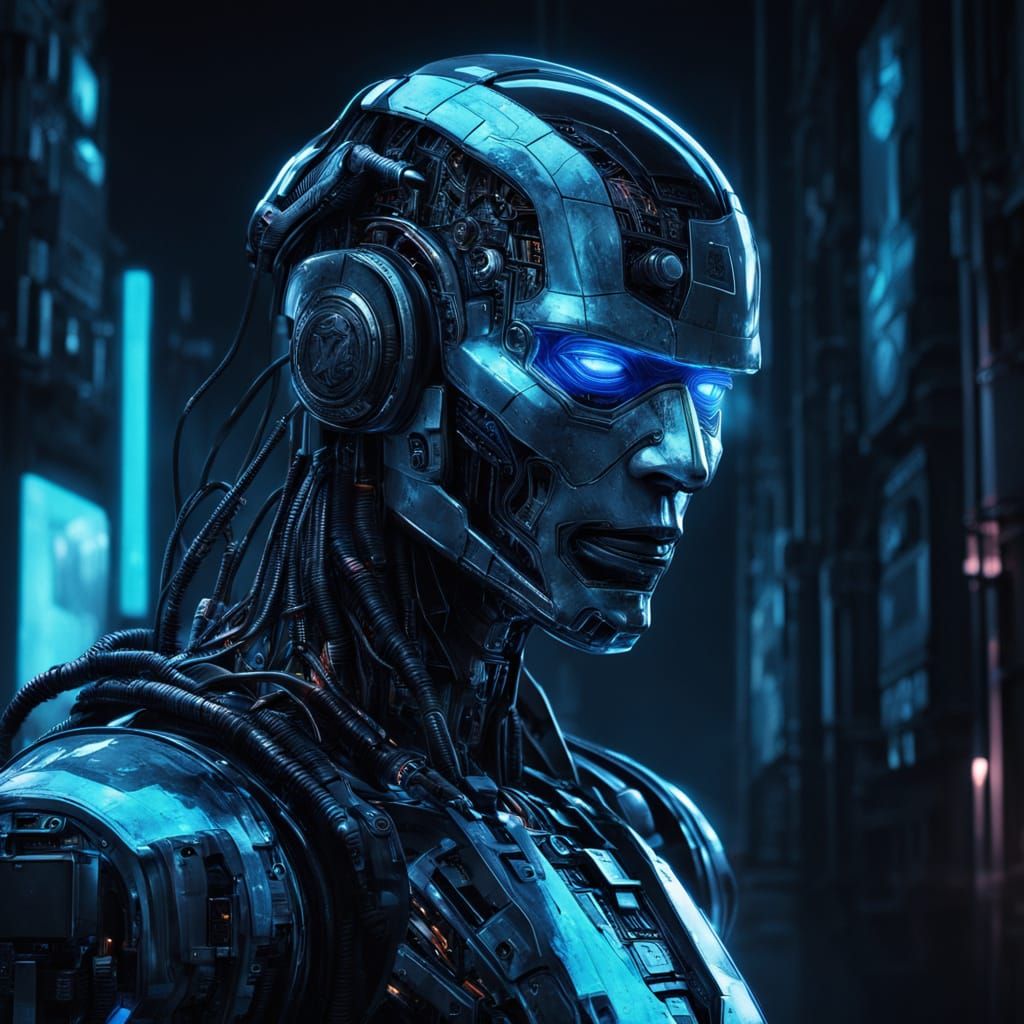 Cyberpunk Robot Masterpiece with Holographic Details