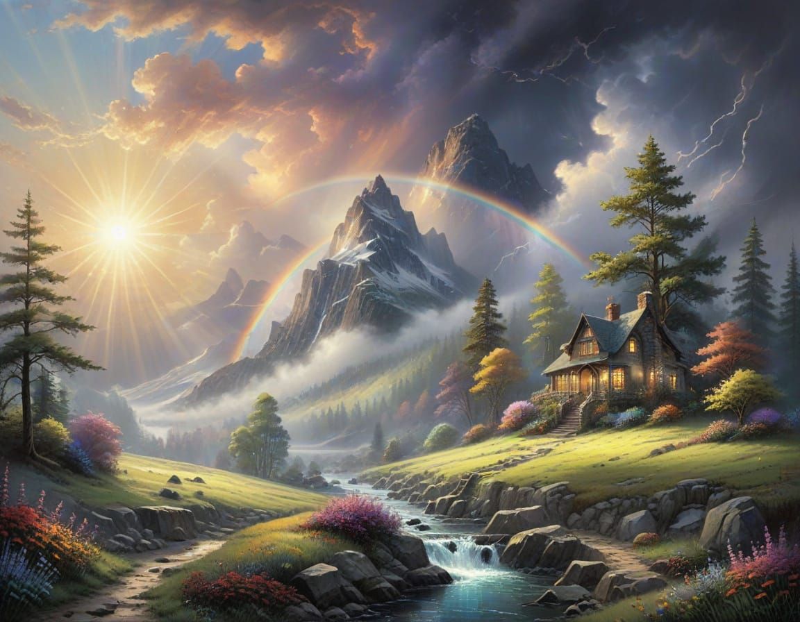 Rainbow in Dark Clouds with Sunshine Rays