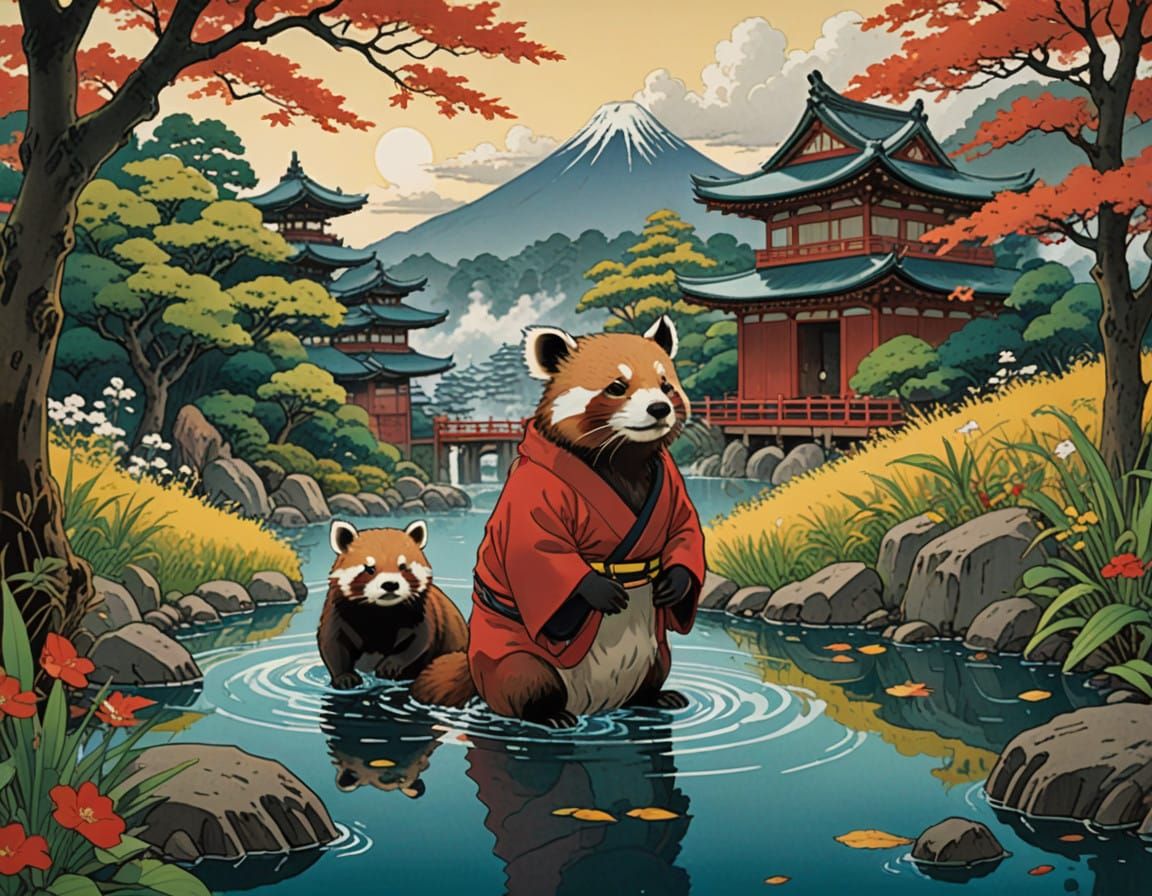 Capybara and Red Panda Play in Autumnal Hot Spring