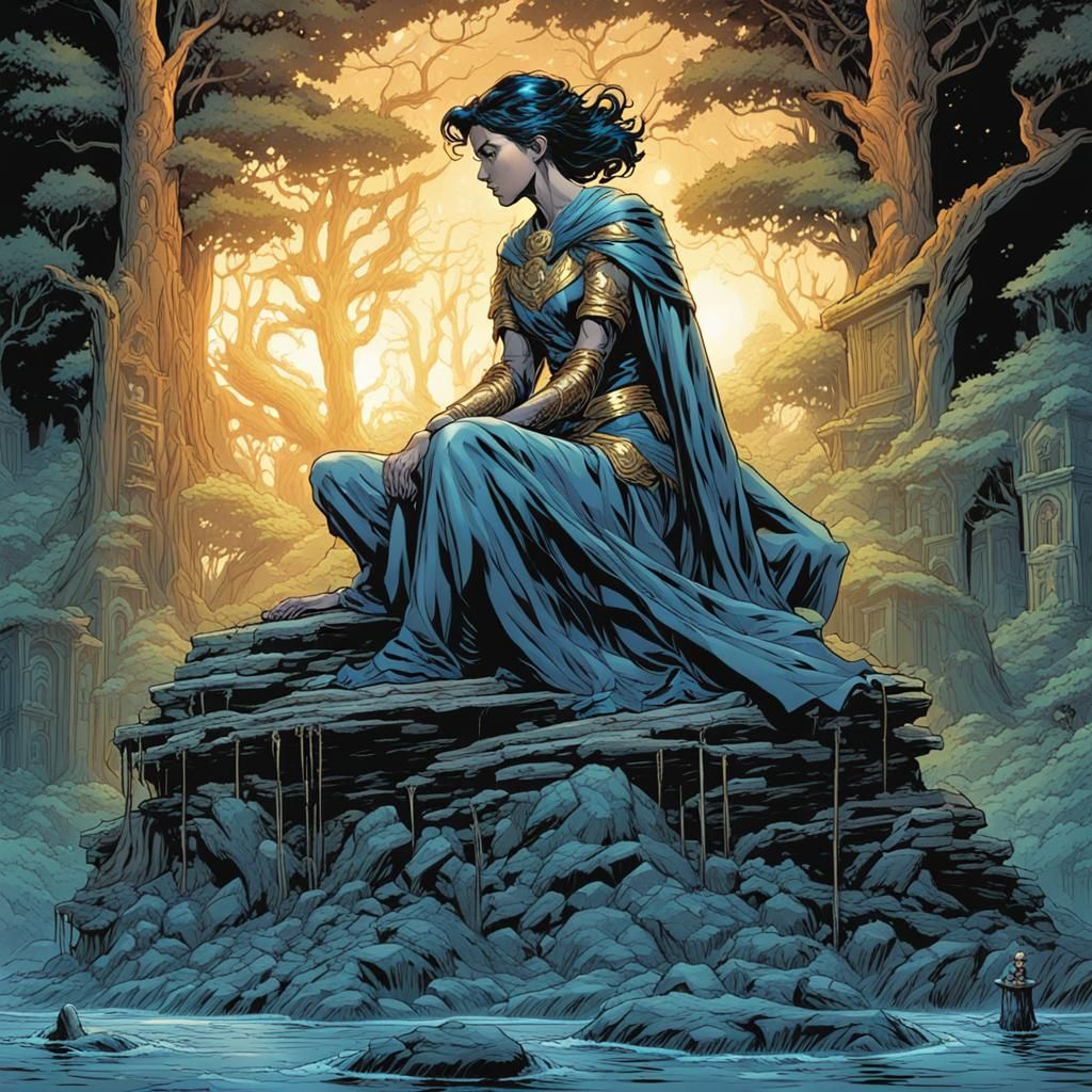 Atlantean Queen on Throne in Comic Book Style