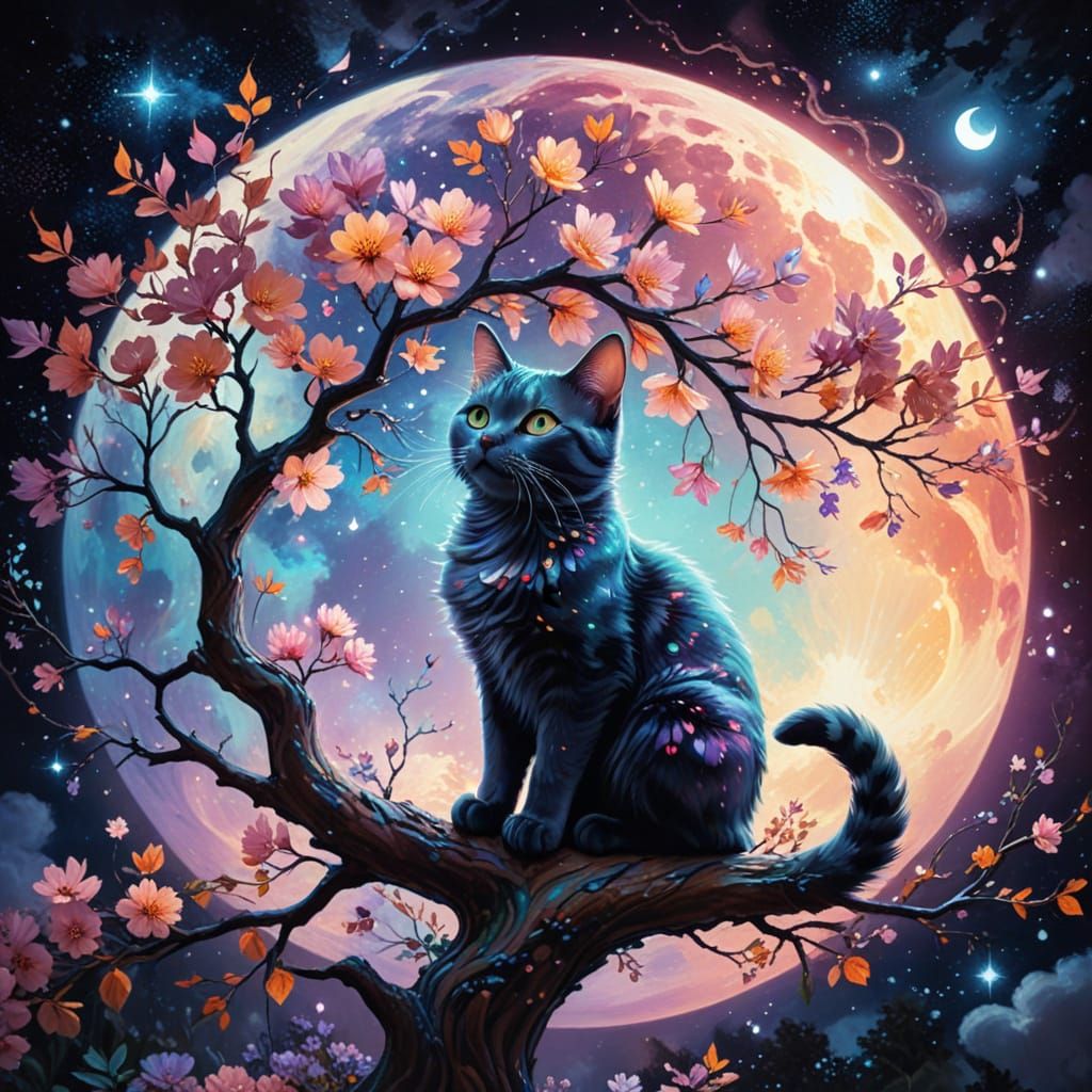 Arcane witch tree flowers cosmic moon cat God in red exel