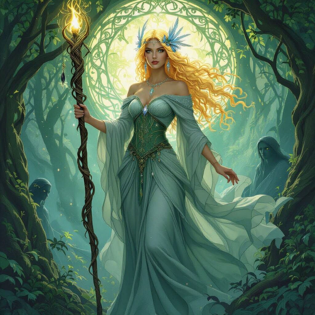 Celtic Goddess in Enchanted Forest: Art Nouveau Style