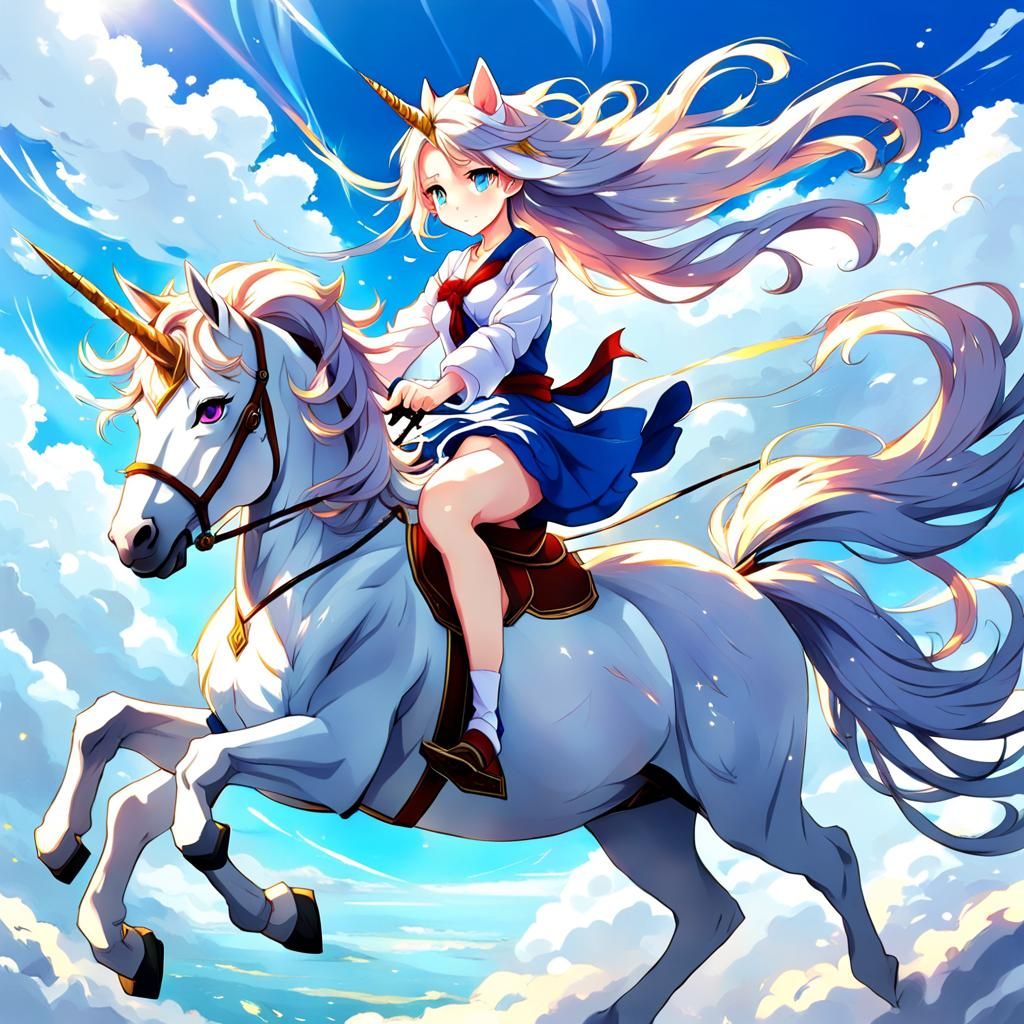 Girl on Unicorn in Anime Style