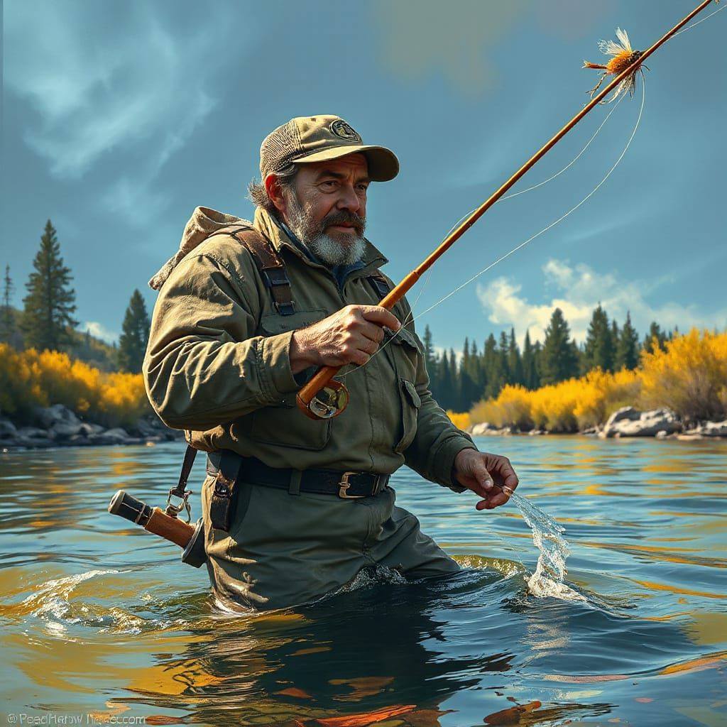 Grizzled Fisherman Casting Line in Yellowstone River