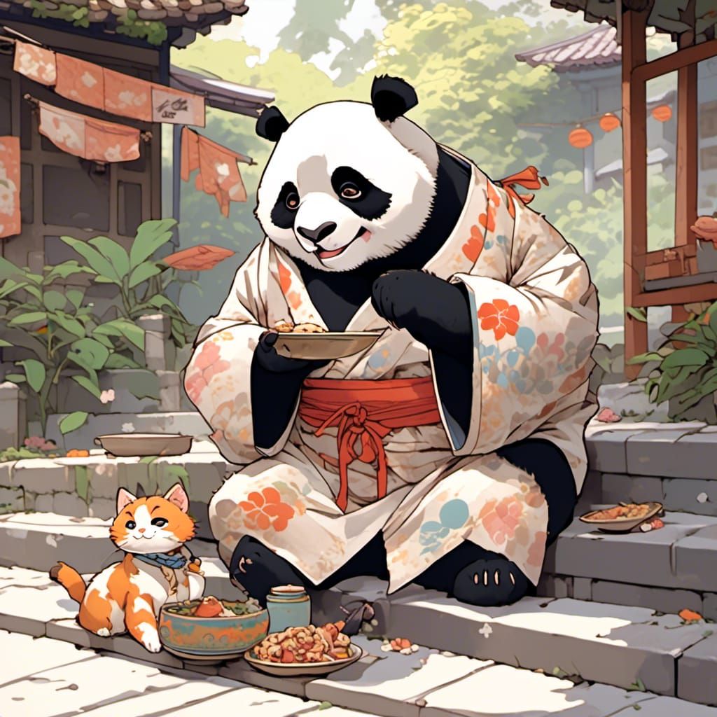 Anime Panda Feeding Cats in Kimono, Cel-Shading Style