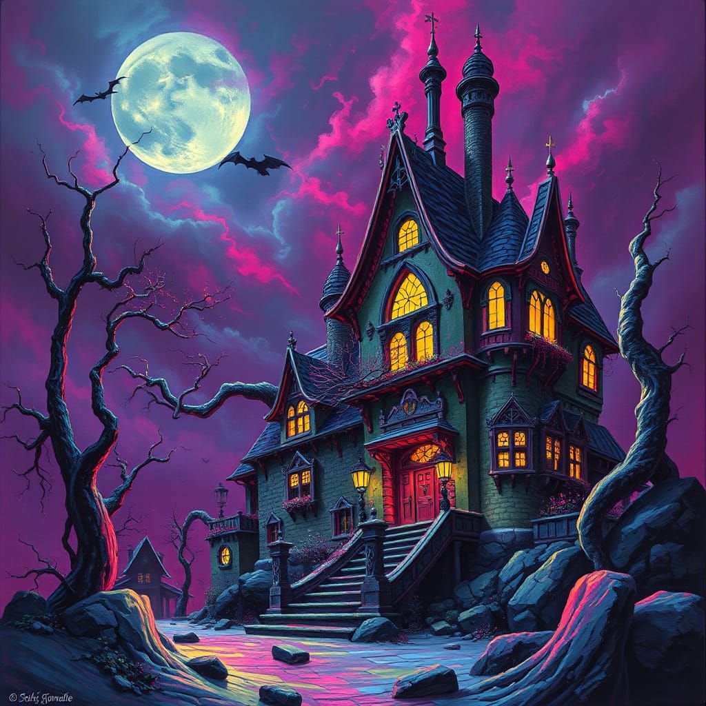 Fluorescent Grimdark Haunted House Artwork