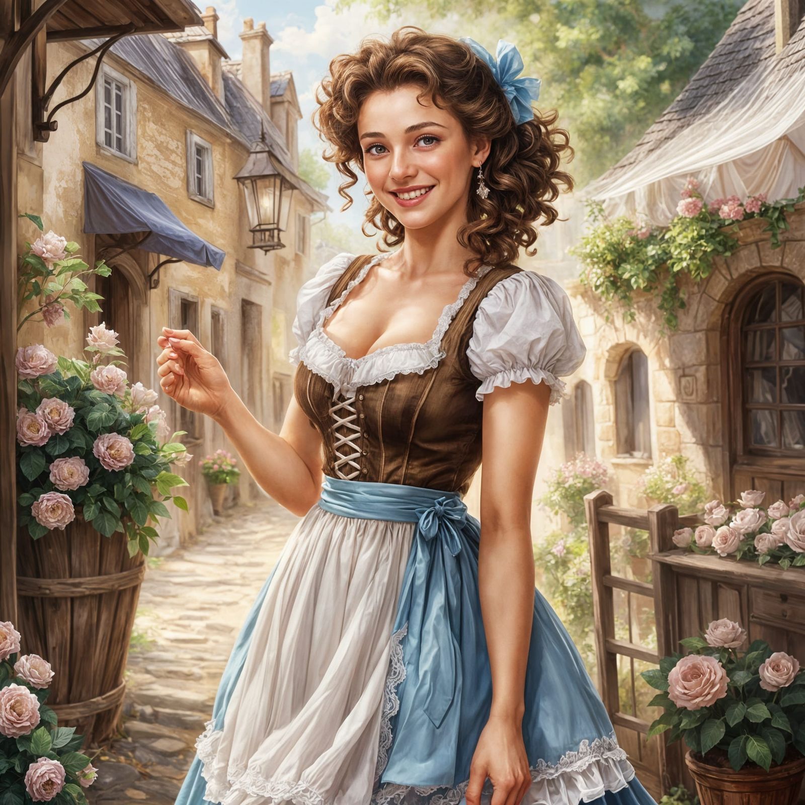 Happy French Lady in Dirndl Dress, 1860s Concept Art