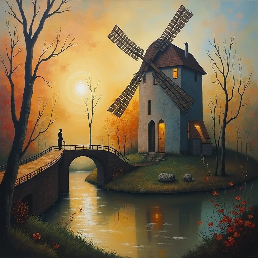 Cubist Water Mill in a Dreamlike Mist