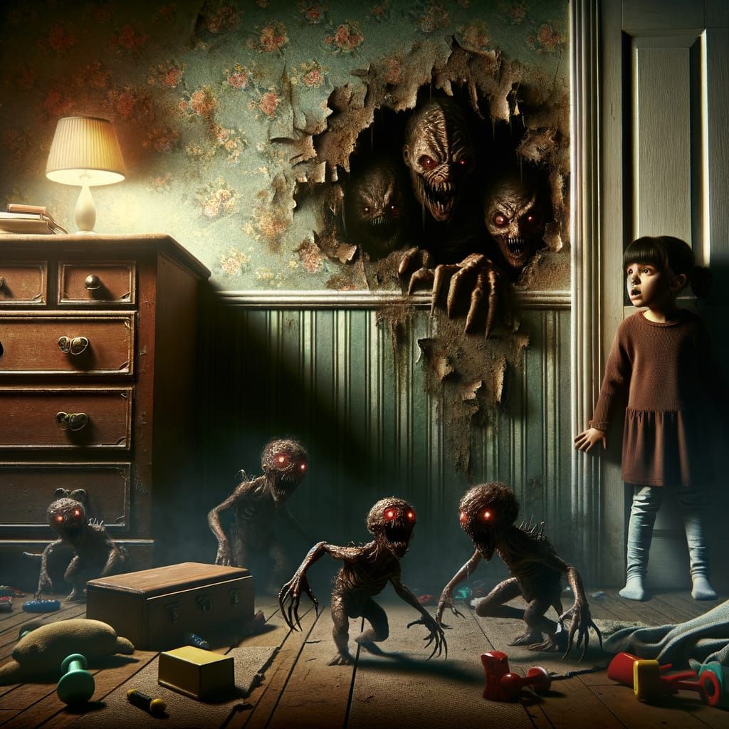 Sinister Bedroom Scene with Monstrous Creatures