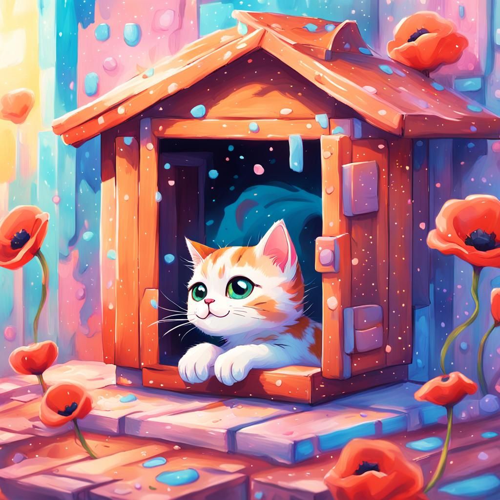 Cute Anime Cat Trapped in Box: Kawaii Pop Art