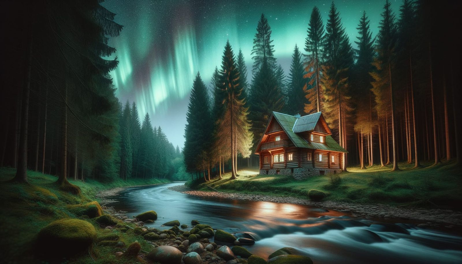 Cabin Under Aurora Borealis in Woodland