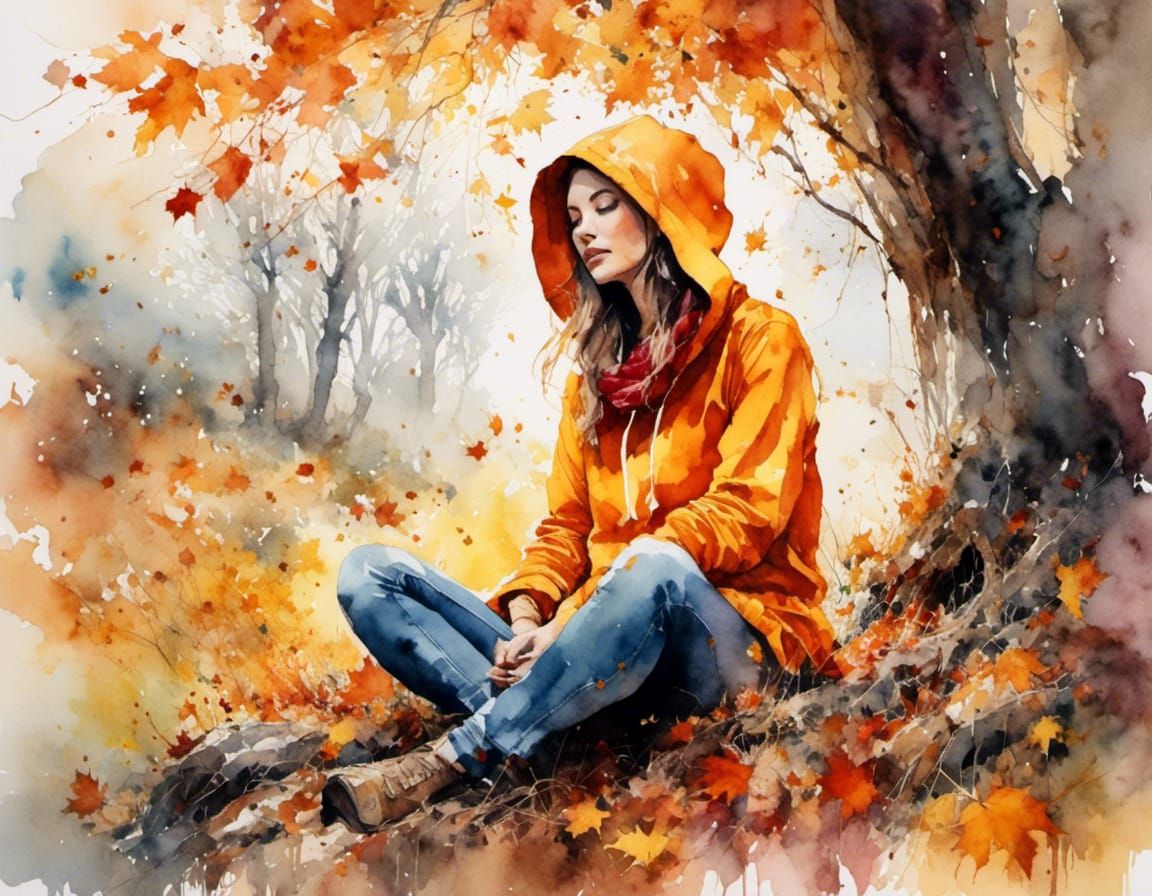 Woman Meditating in Autumn Haze, Watercolor Style