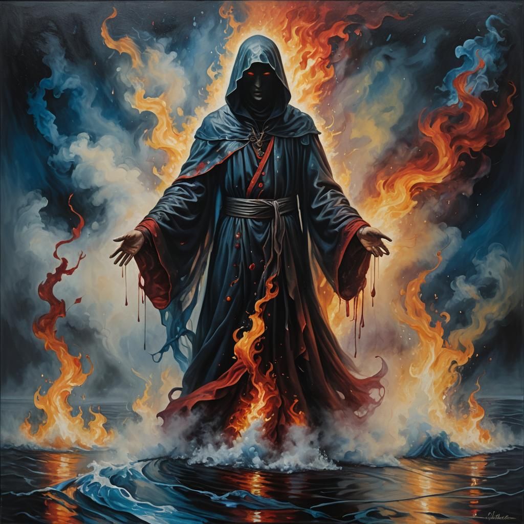 Surreal Figure in Fog, Flames and Water