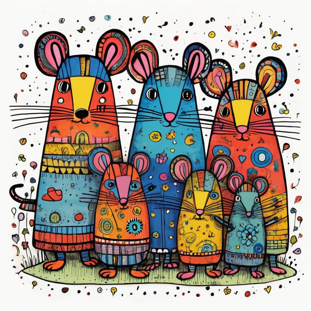 Cute Mouse Family in Art Brut Style