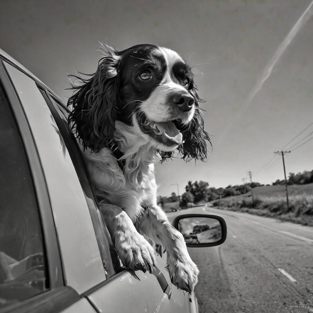 Joyful Spaniel Road Trip in Digital Painting Style