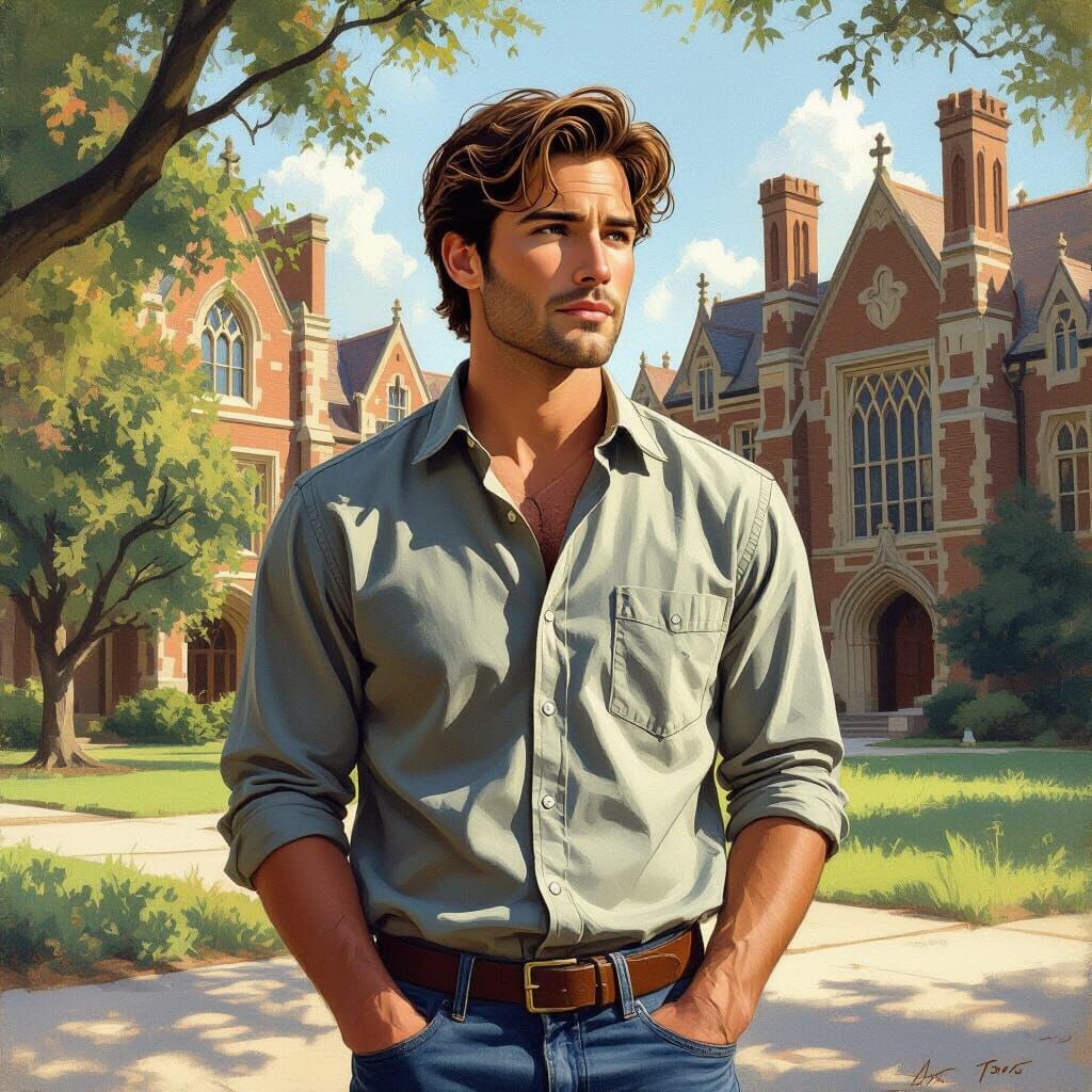 Contemplative Man on Campus: Impressionist Portrait