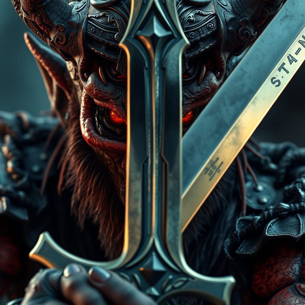 Demon Warrior with Reflective Sword: Fantasy Art