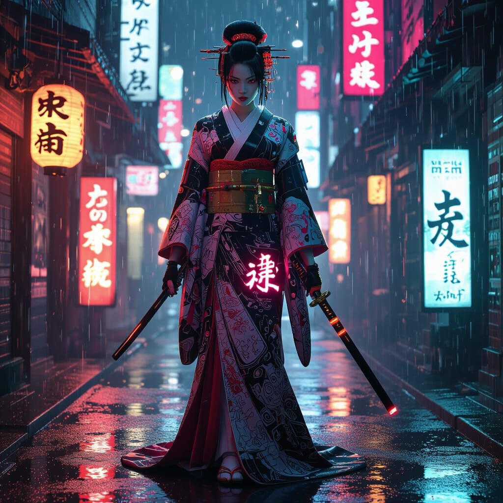 Cyberpunk Geisha Warrior in Neon Alleyway