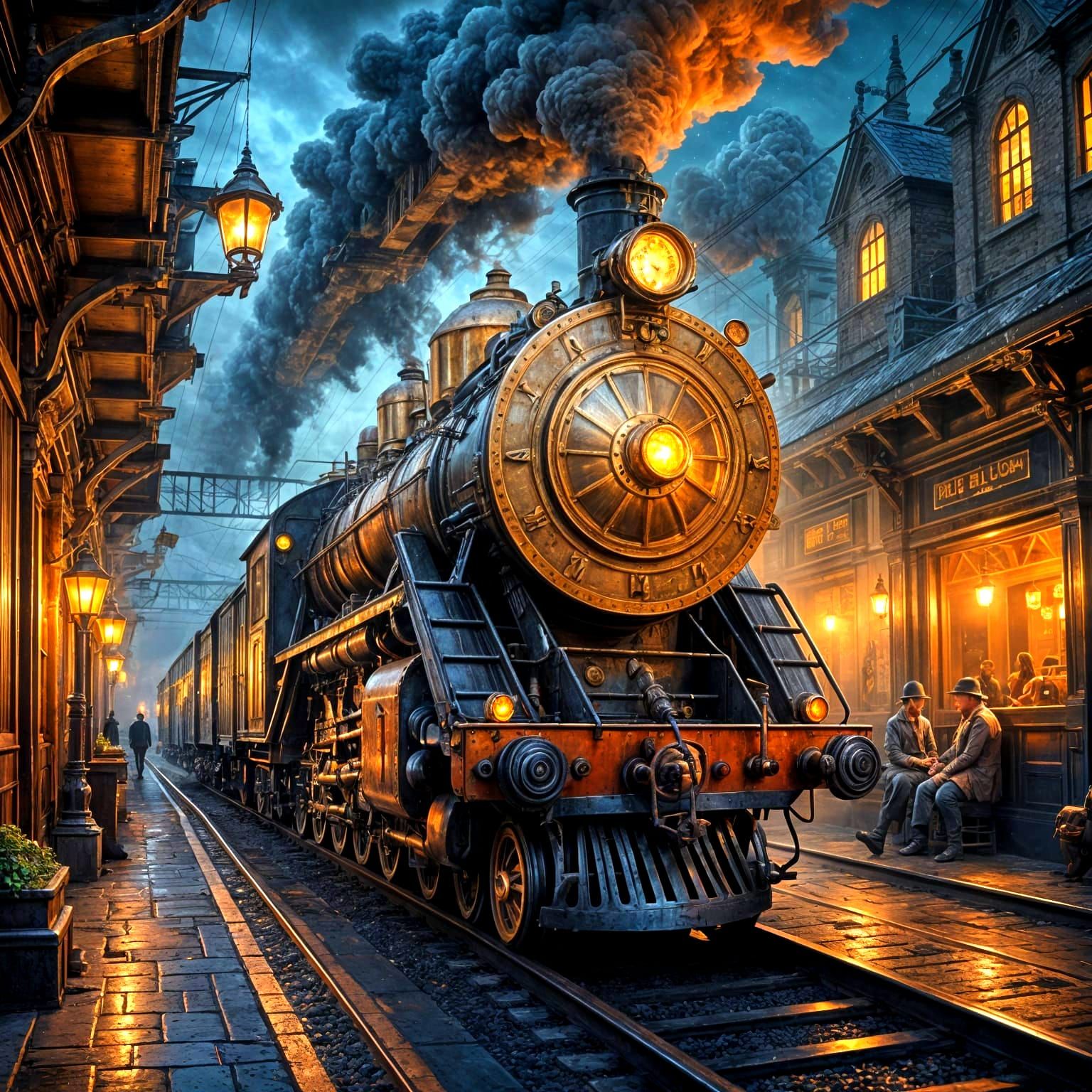Ethereal Steampunk Train Scene in Oil Painting Style