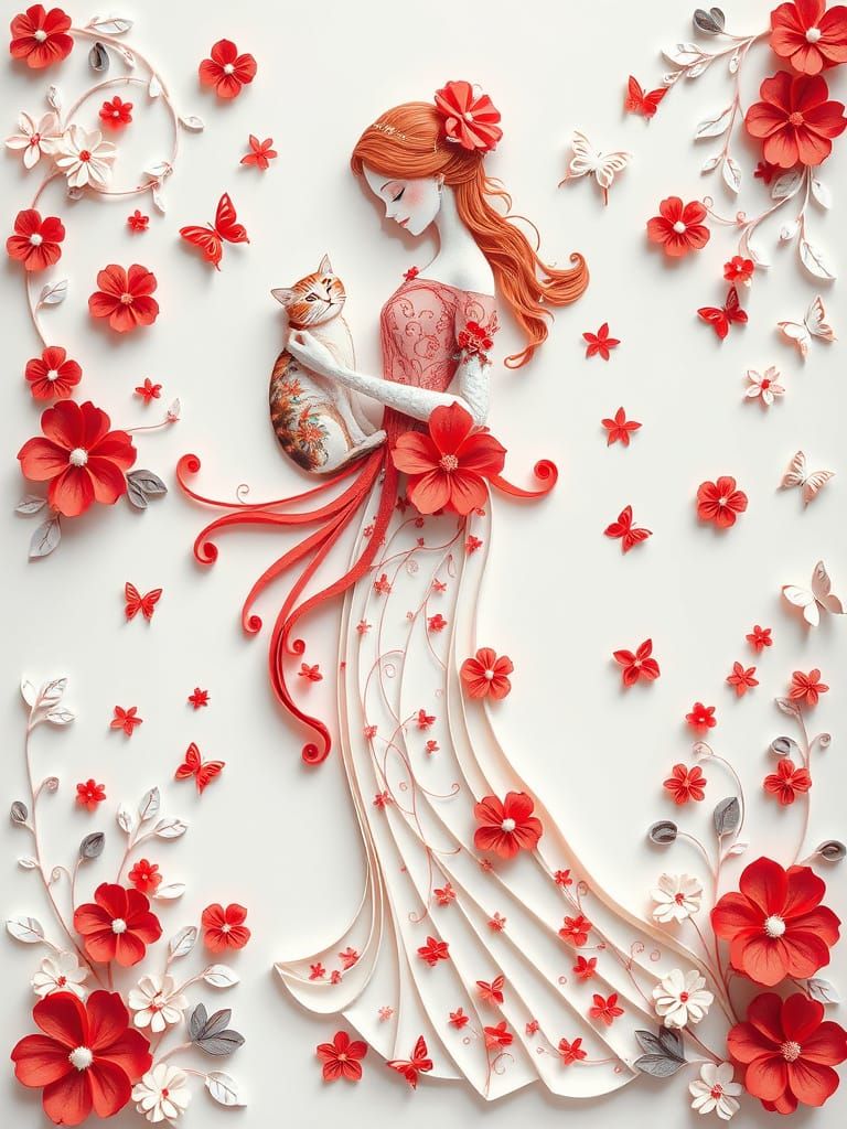 Elegant Woman with Cat in Paper Quilling Style