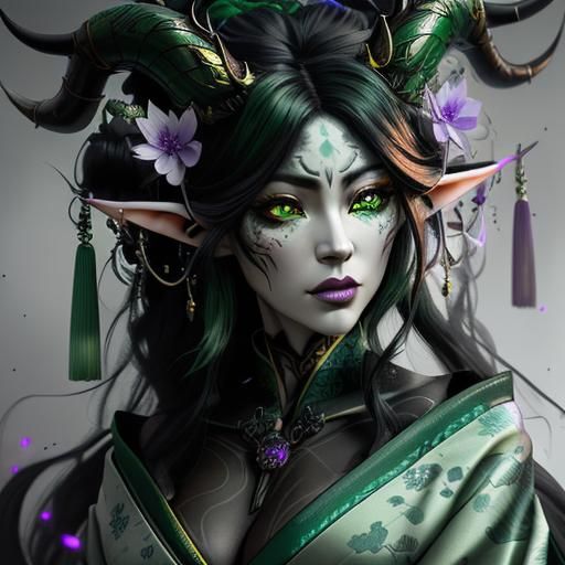 Elf-Demon Geisha Portrait in Digital Matte Painting Style