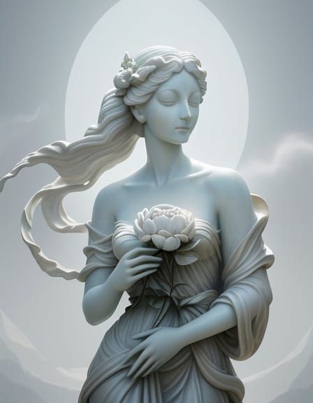 Marble Statue of Woman with Blooming Peony, Surreal Digital ...