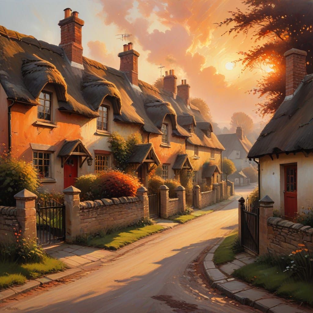 Idyllic English Village Street at Golden Hour