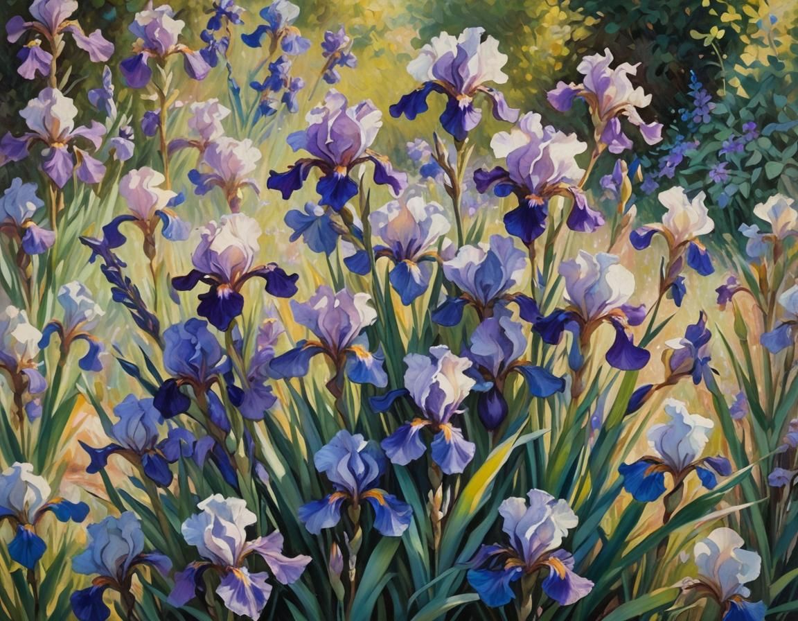Impressionist Irises in a Lush Garden