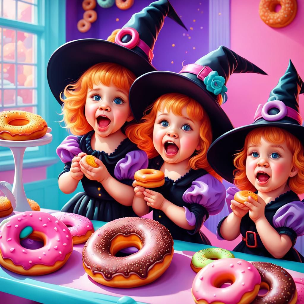 Baby Witches Enjoying Donuts in Candy Land