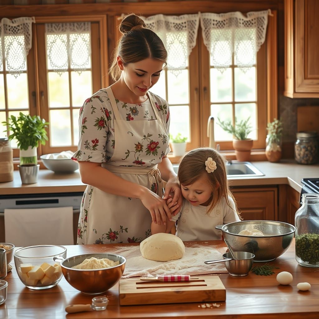 Mother and Daughter Baking in Warm Light