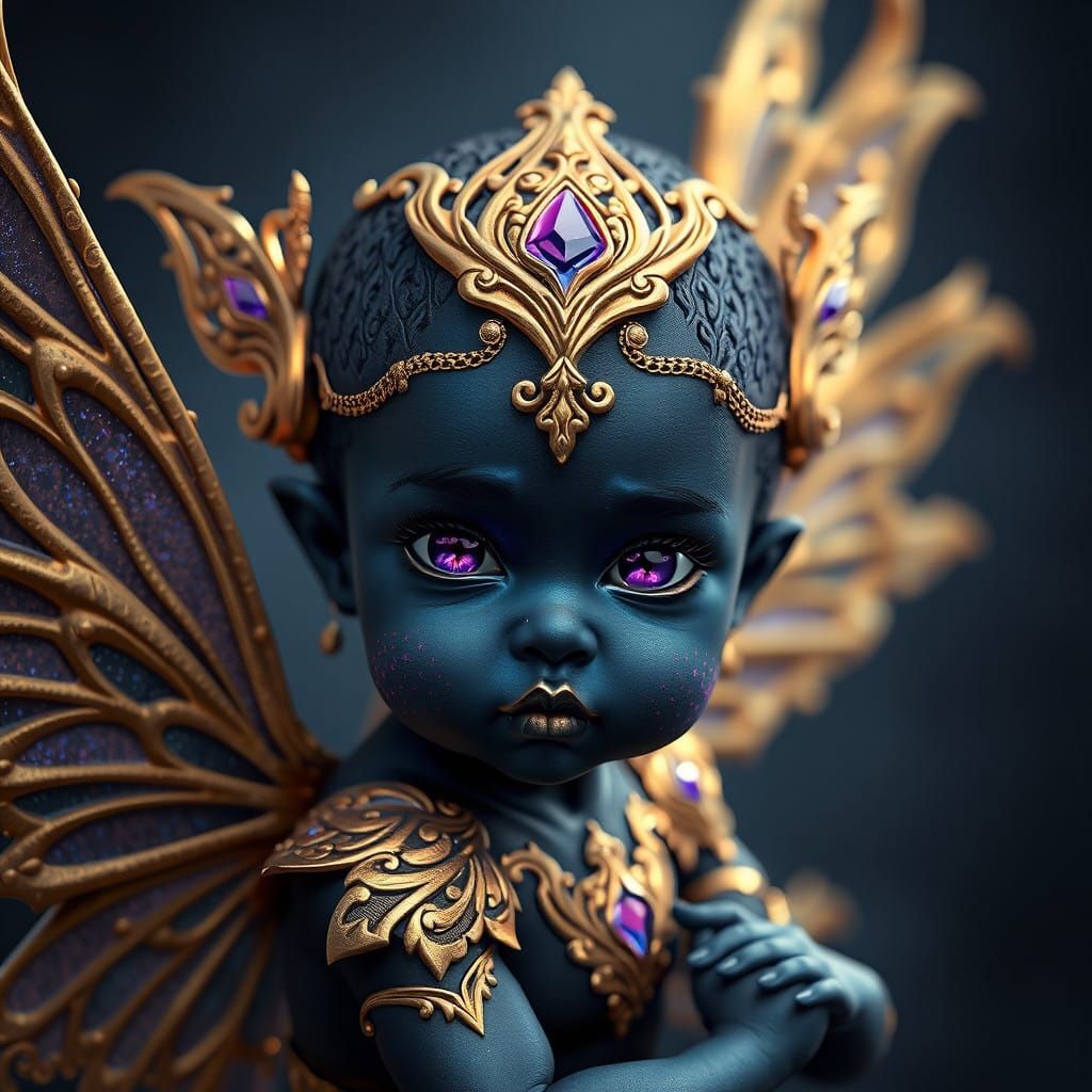 Mythic Ebony Fairy Baby in Vivid Gold and Sapphire Hue
