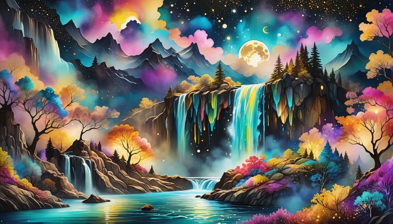 Magical Landscape with Waterfalls in Alcohol Ink Style