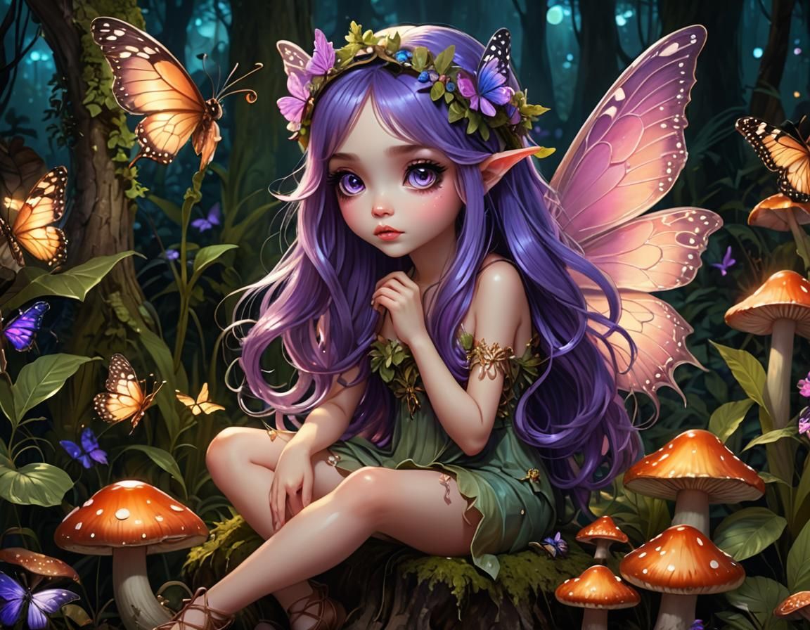 Cute Fairy with Butterfly on Mushroom