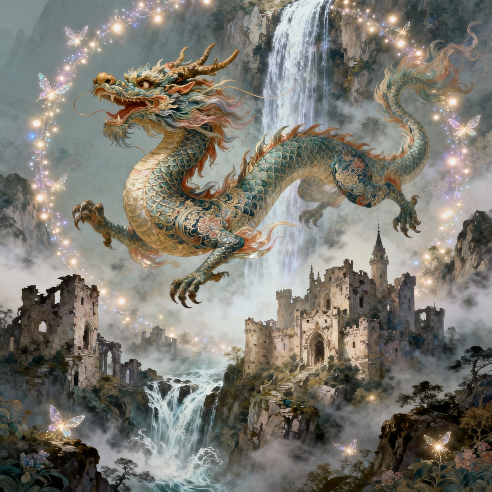 Majestic Chinese Dragon Soars Over Ruined Castle