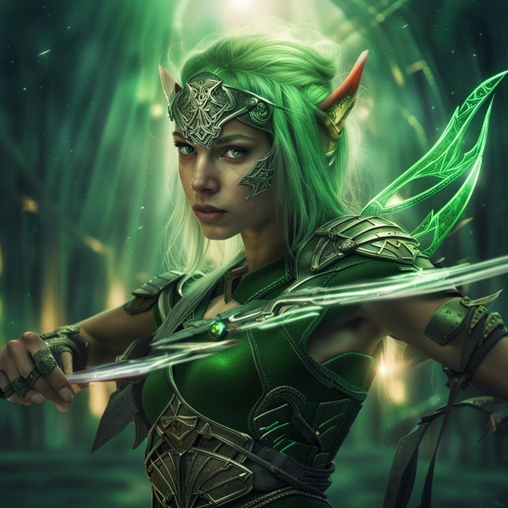 Green Elf Battles Sci-Fi Girl with Runes