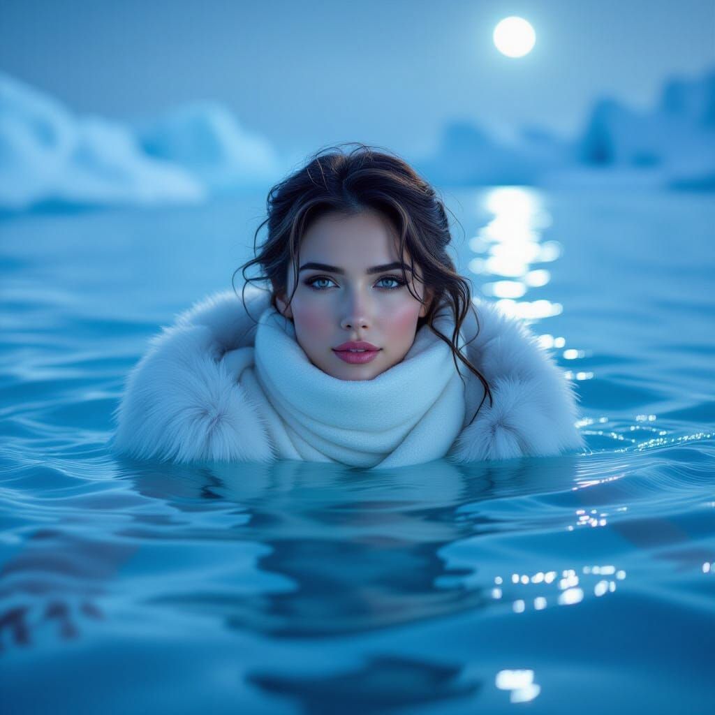 Elegant Woman Floating in Icy Water, Cinematic Lighting