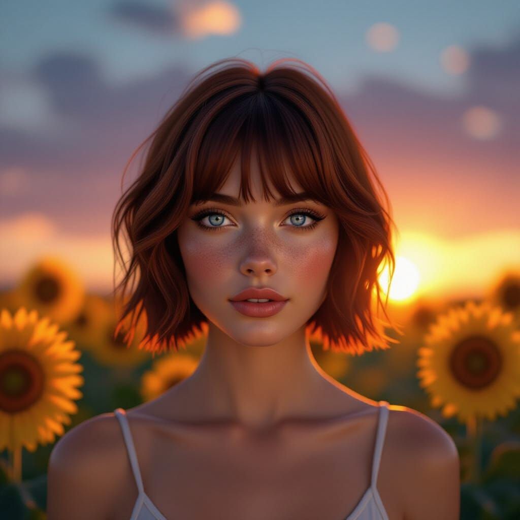 Woman with Blue Eyes in Sunflower Field