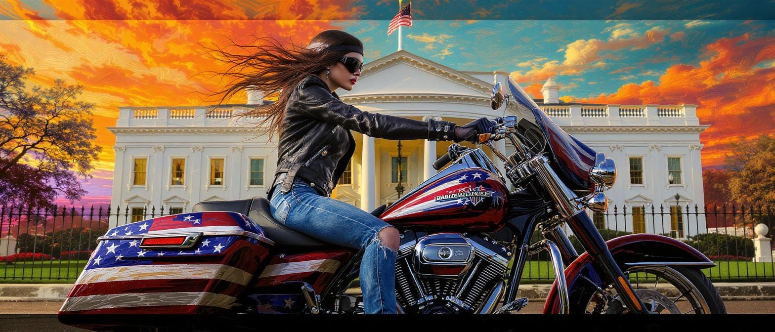 in front of the white house, a Biker Girl in leather jacket ...