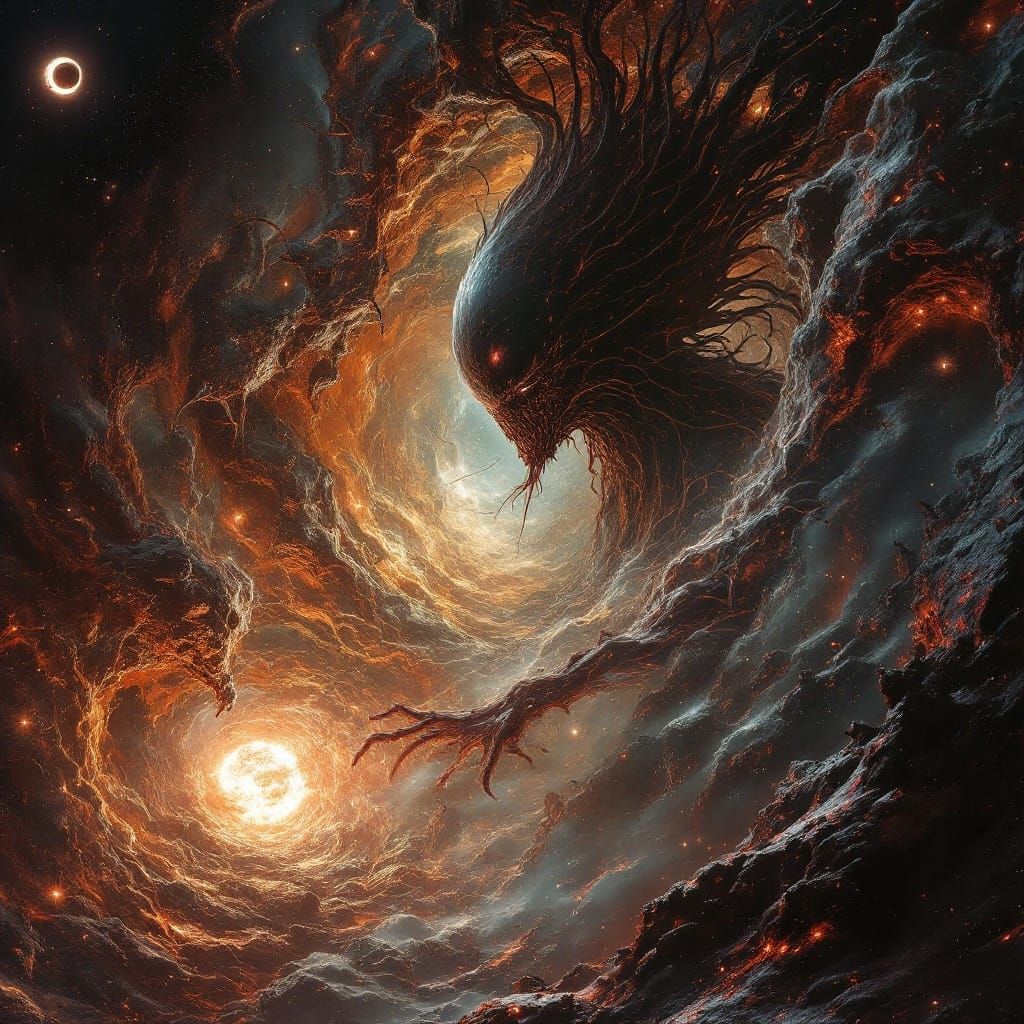 Alien Ion Marauder Amidst Crimson Eclipse in Dark Galaxy