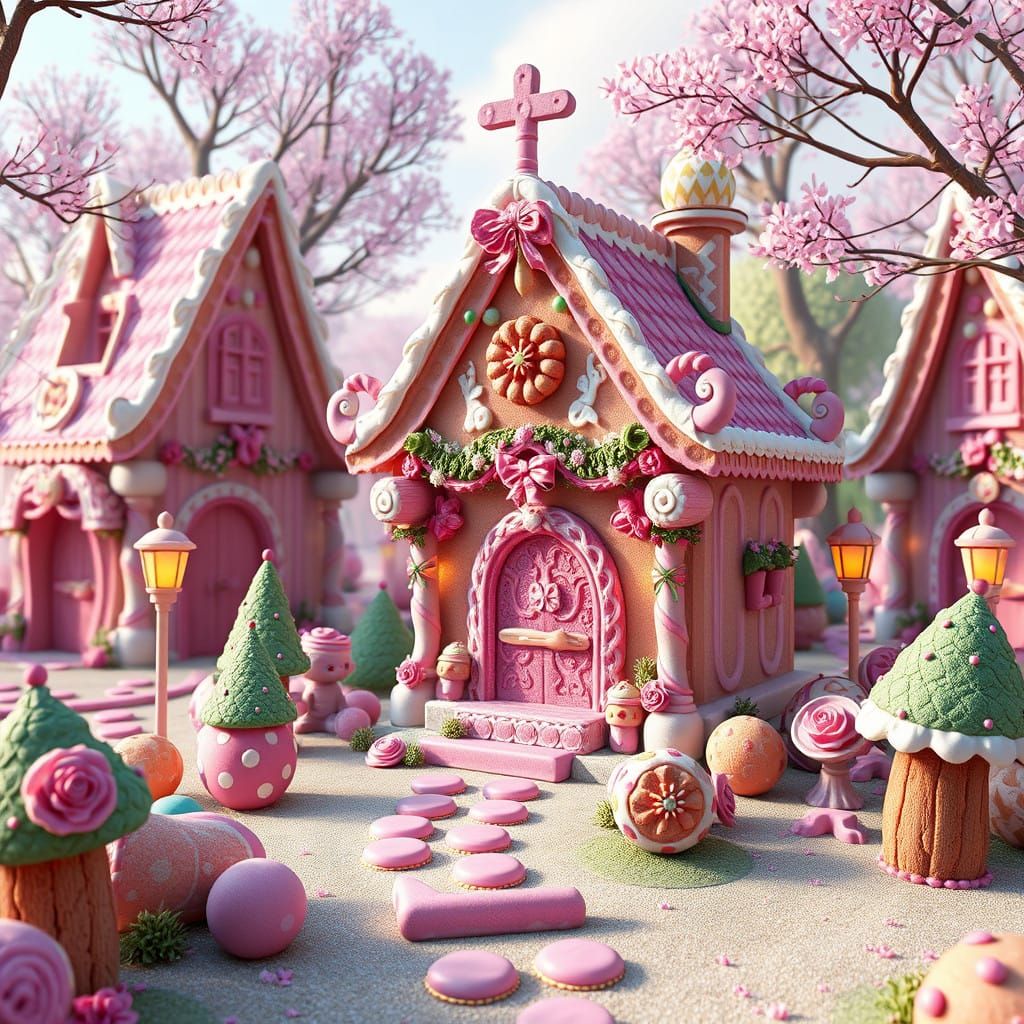 Surreal Gingerbread Fairyland in Pastel Hues