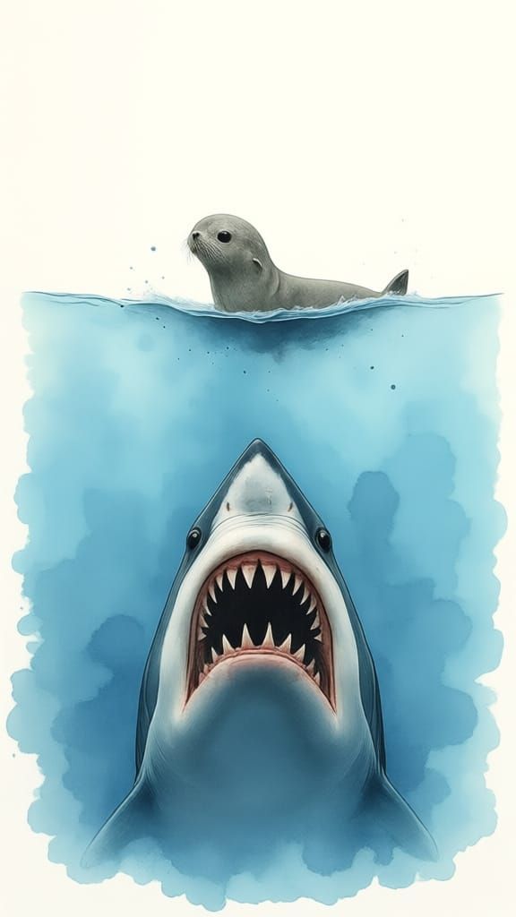 Great White Shark Hunts Seal in Jaws Poster Style